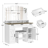 usikey Farmhouse Vanity Desk with Large Lighted Mirror and 10 Lights, 43.3" Glass Tabletop Makeup Vanity with 3 drawers, Large Vanity Tabel Set with Long Shelf, 2 Cabinets and Stool, Antique White usikey
