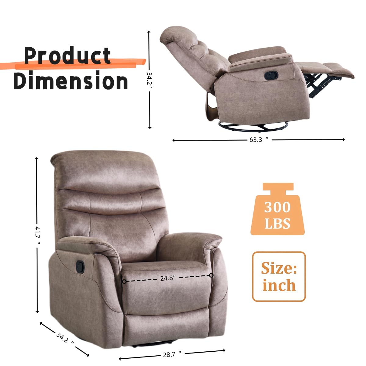 Rocking Swivel Recliner Chair for Power Lift Recliner Chair for Elderly, 360 Degree Swivel, Adjustable Modern Reclining Chairs, Classic and Traditional Recliner Sofa with Lumbar Support (Grey) ALYIAMXL
