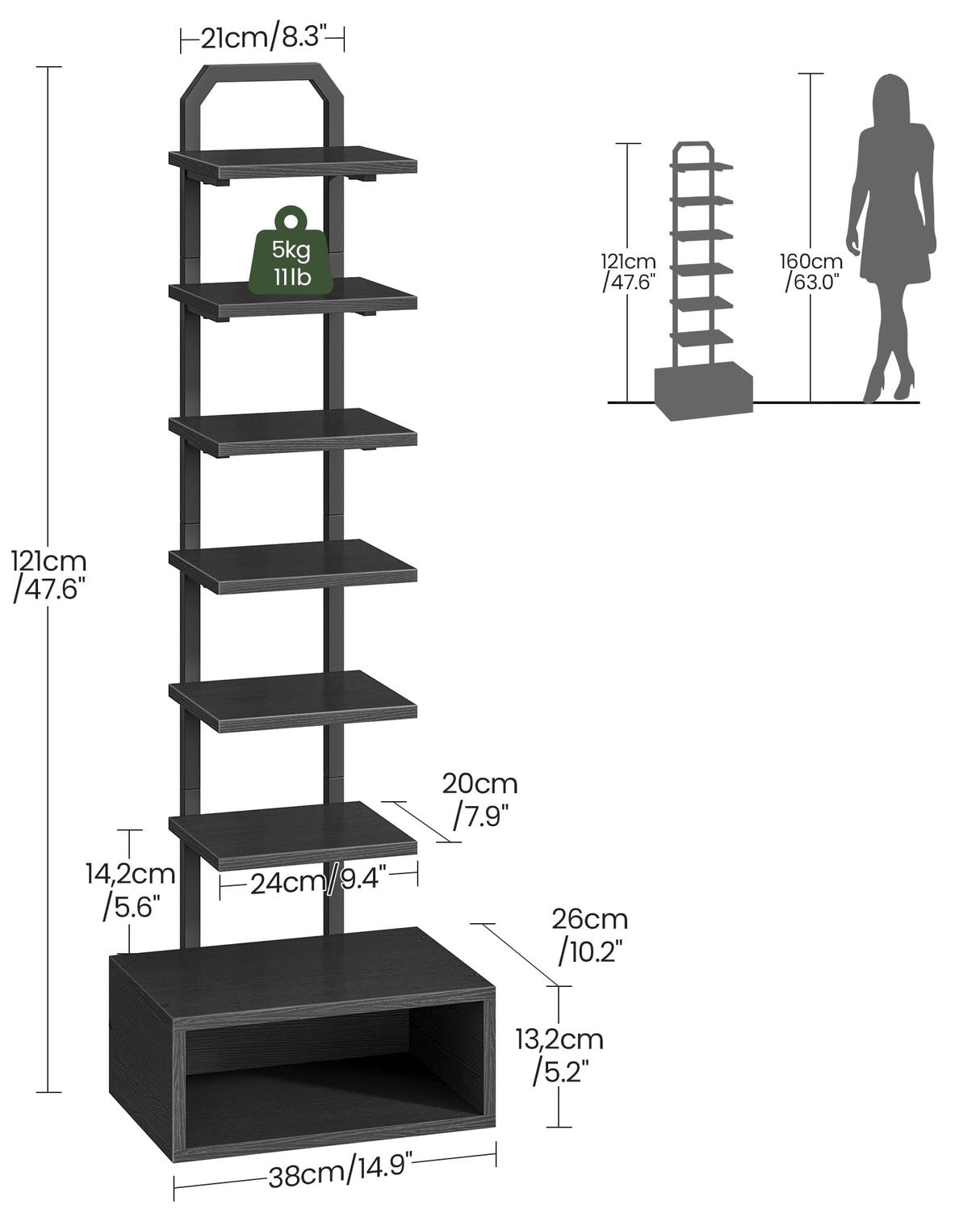 CHOEZON 8-Tier Bookshelf, LED Bookcase with Semi-Open Bottom, Small Space Standing Shelf with Lights, Corner Storage Stand, for Living Room, Home Office, Bedroom, Black TSJ08DBB CHOEZON