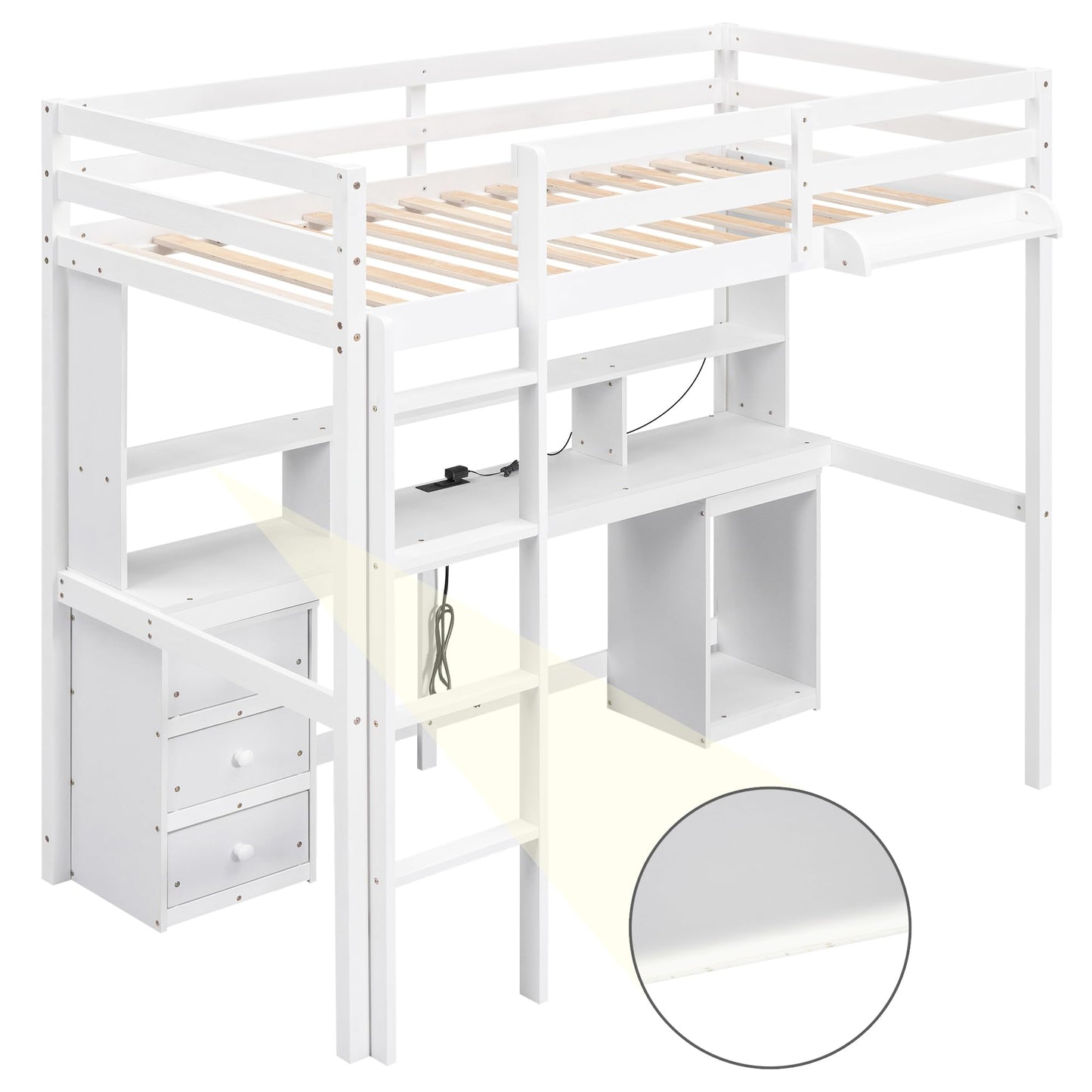 White Full Size Loft Bed with Desk, Storage, LED Lights, and Charging Station - WoodArtSupply