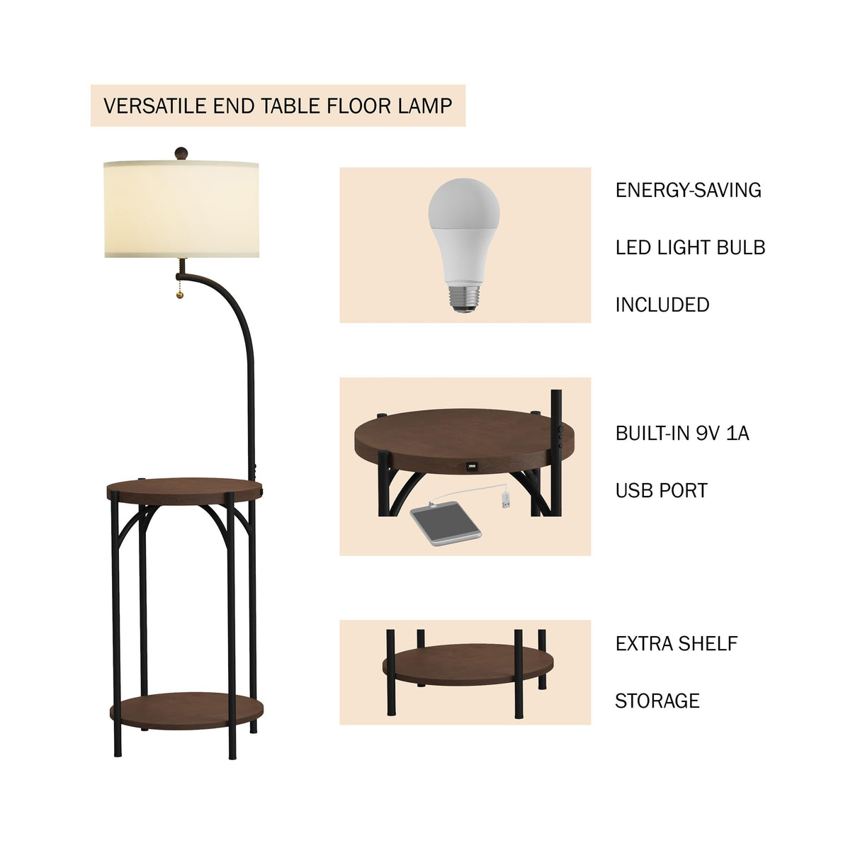 Lavish Home Floor Lamp with End Table - Modern Rustic Side Shelves with USB Charging Port, LED Light Bulb, and Drum-Shaped Shade - Standing Lights Lavish Home