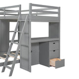 JIVOIT L-Shaped Twin Over Twin Bunk Bed with LED Light, USB Ports, Desk, Drawers, and Open Shelves in Gray JIVOIT