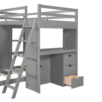 JIVOIT L-Shaped Twin Over Twin Bunk Bed with LED Light, USB Ports, Desk, Drawers, and Open Shelves in Gray - WoodArtSupply