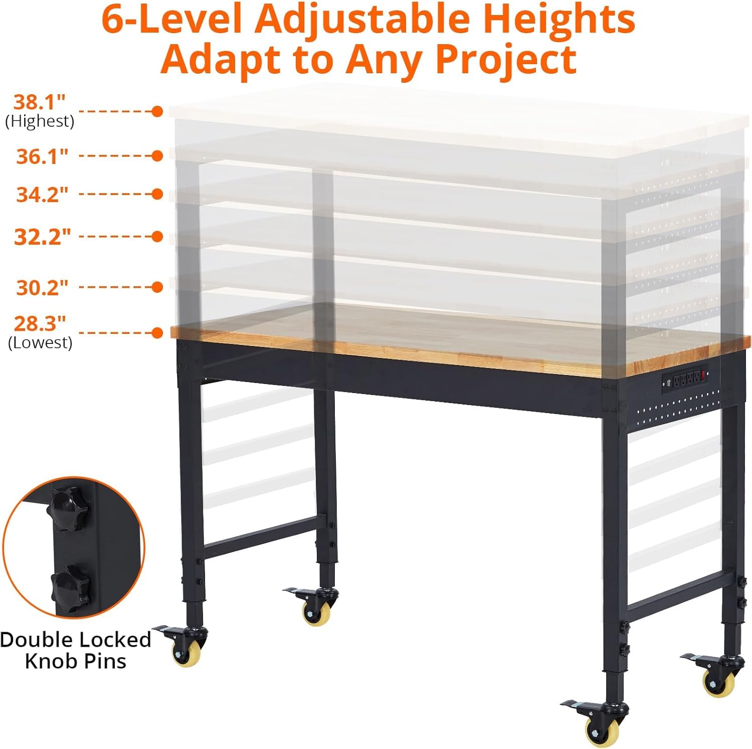 Adjustable Workbench for Garage, 48" x 24" Portable Work Bench, 2000 Lbs Capacity, Rubber Wood Workstation w/ 4 Rolling Casters, Heavy Duty Work Table with 2 USB & 4 AC Outlets - WoodArtSupply