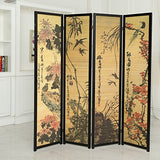 MyGift Decorative 4 Panel Folding Room Divider Bamboo Screen with Chinese Calligraphy Design, 6FT Freestanding Floral Artwork Room Partitioner with Black Wood Frame MyGift