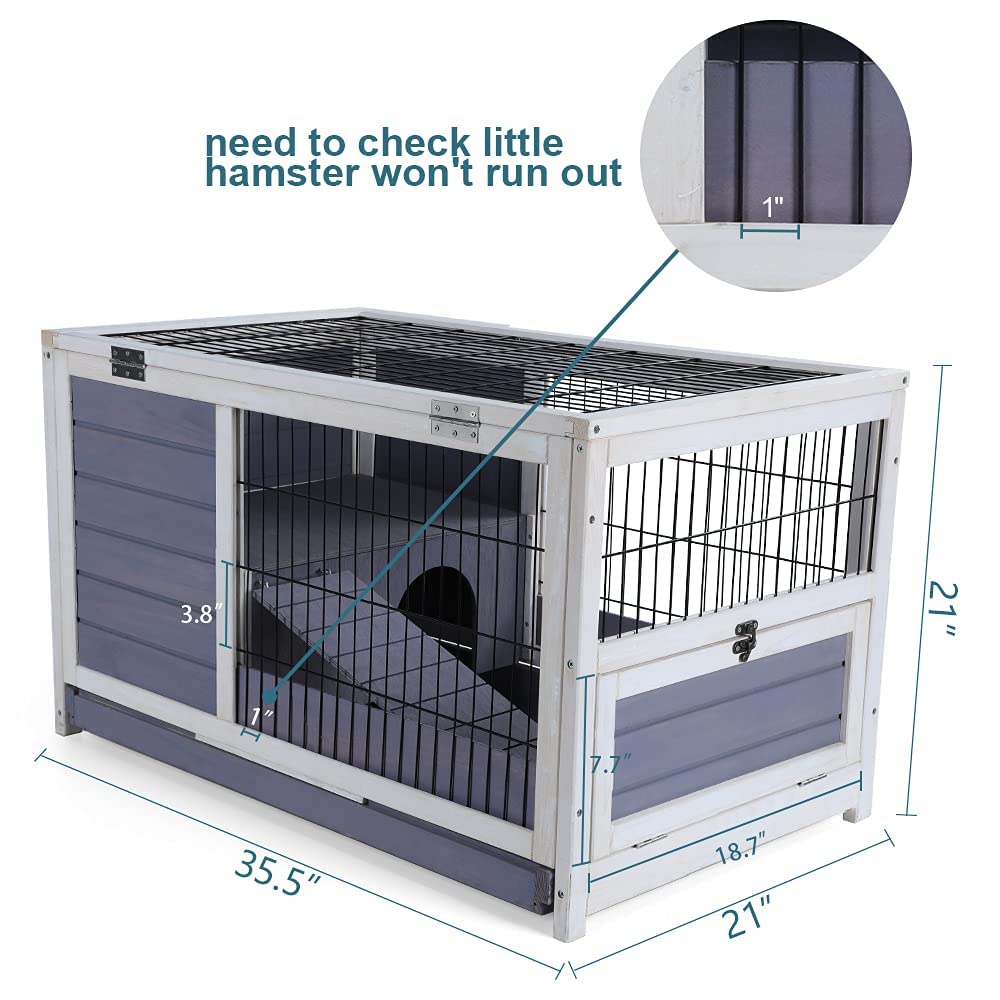 PETSFIT Guinea Pig House Leak Proof Design, Spruce Wood Rabbit Hutch with Bottom Net Hideout for Rest and Ramp for Enter and Out Solid Grey Petsfit