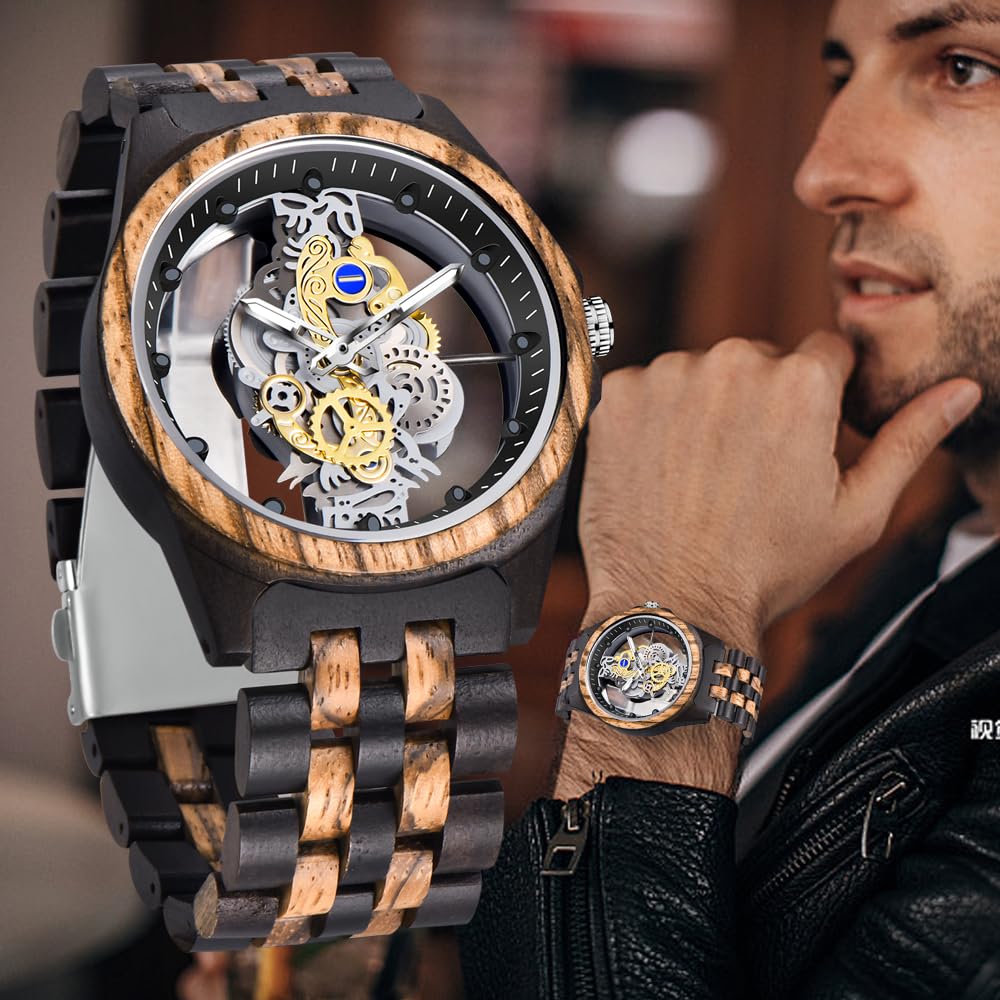 Dentily Men's Hollow Analog Wooden Watch Retro Gear Carving Design Transparent Dial Quartz Watch for Men Dentily