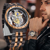 Dentily Men's Hollow Analog Wooden Watch Retro Gear Carving Design Transparent Dial Quartz Watch for Men Dentily