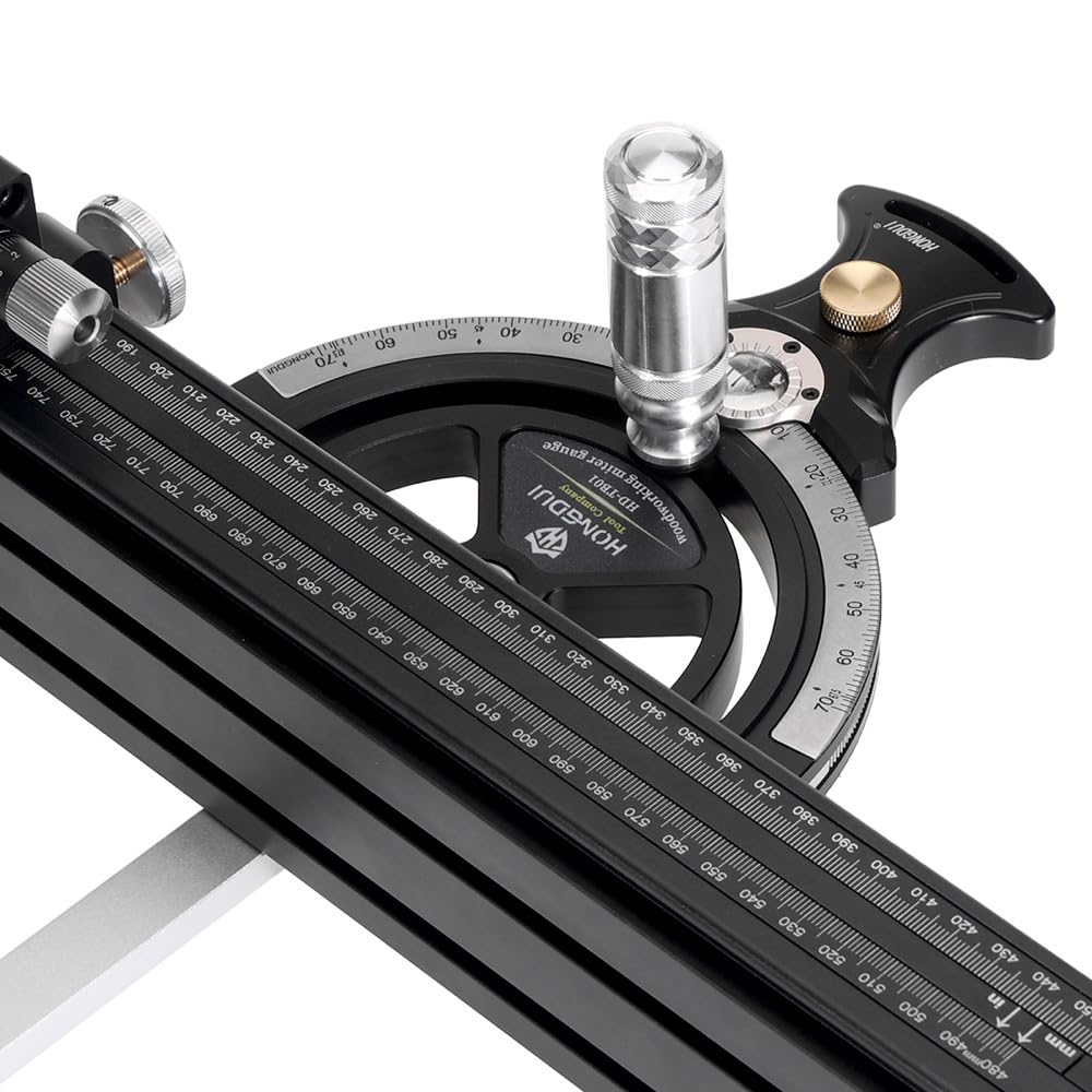 Precision Miter Gauge, Standard Slot, Aluminum Alloy Table Saw Miter Gauge with Miter Fence with 45 Degree Angled Ends for Maximum Stock Support & a Repetitive Cut Flip Stop MUKIDY