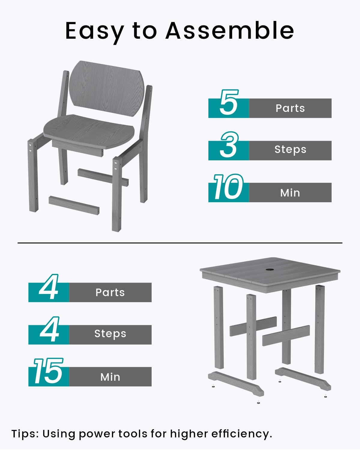 BIVODA 5-Piece HDPE Outdoor Patio Dining Set (Includes 1 Square Table and 4 Chairs) (All-Weather, Easy to Assemble, Umbrella Hole, 10+ Years of Lifespan) - Grey BIVODA