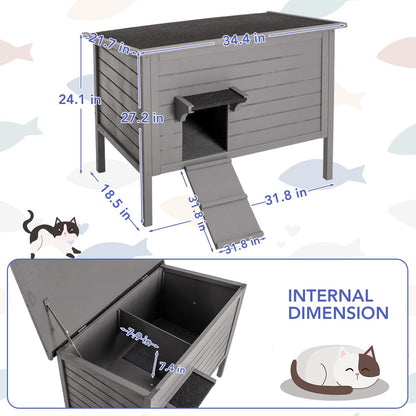 SUN & SUMMER Large Size Outdoor Cat House, Feral Cat Shelter Outdoor with Mat and Hidden Stair All-Round Wood Weatherproof for Multiple Cats 34.5" L*21.5" W*27.2" H - WoodArtSupply