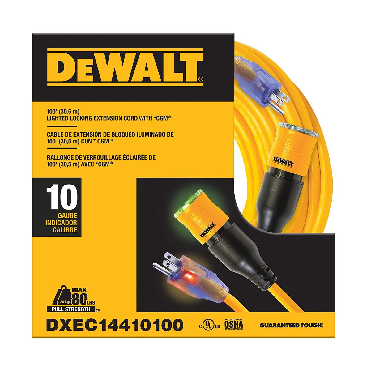 DEWALT 100 Foot Extension CordLighted Click-to-Lock 10/3 SJTW -Heavy Duty Outdoor, Waterproof, Weatherproof, Heat & Corrosion Resistant Industrial Strength Light Up Three Prong Outlet Plug Power Cord DEWALT
