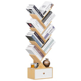 SHEEPAM 8-Tier Natural Wood Tree Bookshelf with Drawer for Home Office and Living Room Storage SHEEPAM