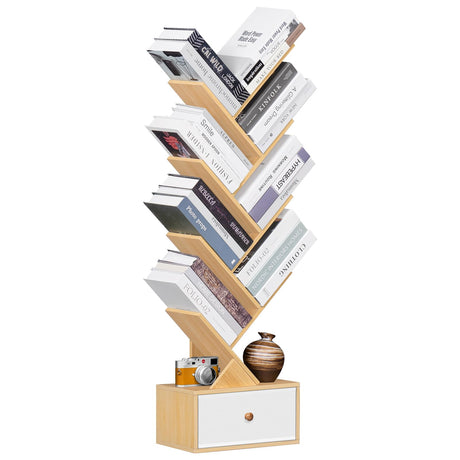 SHEEPAM 8-Tier Natural Wood Tree Bookshelf with Drawer for Home Office and Living Room Storage SHEEPAM