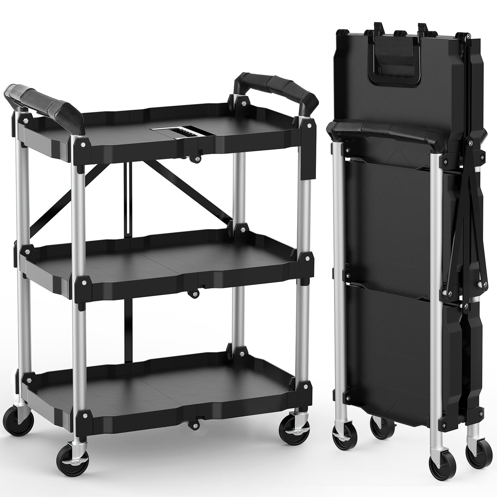 Himix Foldable Service Carts with Wheels, 3 Tier Portable Folding Utility Rolling Tool Cart, Collapsible Storage Cart, Holds 220lbs Plastic Push Cart - WoodArtSupply