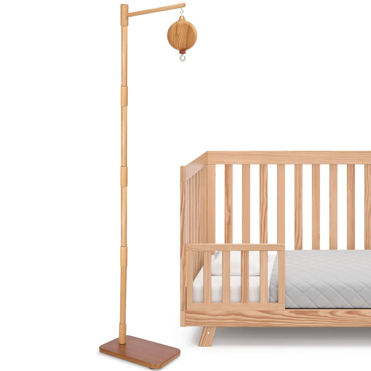 Floor-Standing Crib Mobile Arm with Music Box - 65 Inch Mobile Arm for Crib - 100% Beech Wood - Crib Mobile Motor - Volume Control - 35 Lullabies - Wooden Nursery Decor - Baby Mobile Hanger EBINGMIMA