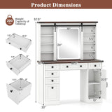 CHARMAID Farmhouse Vanity Table with Barn-Style Sliding Lighted Mirror, 45 in Makeup Vanity Desk with Charging Station, 9 Shelves, 6 Drawers & Cabinet, 3 Lighting Modes, Dressing Table for Bedroom CHARMAID
