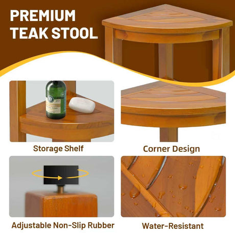 16.5" Teak Corner Shower Bench with Storage Shelf for Shaving Legs, Teak Shower Stool for Inside Shower, Waterproof Shower Foot Rest, Shower Seat for Bathroom, Indoor & Outdoor Use GRBEEVIITEK