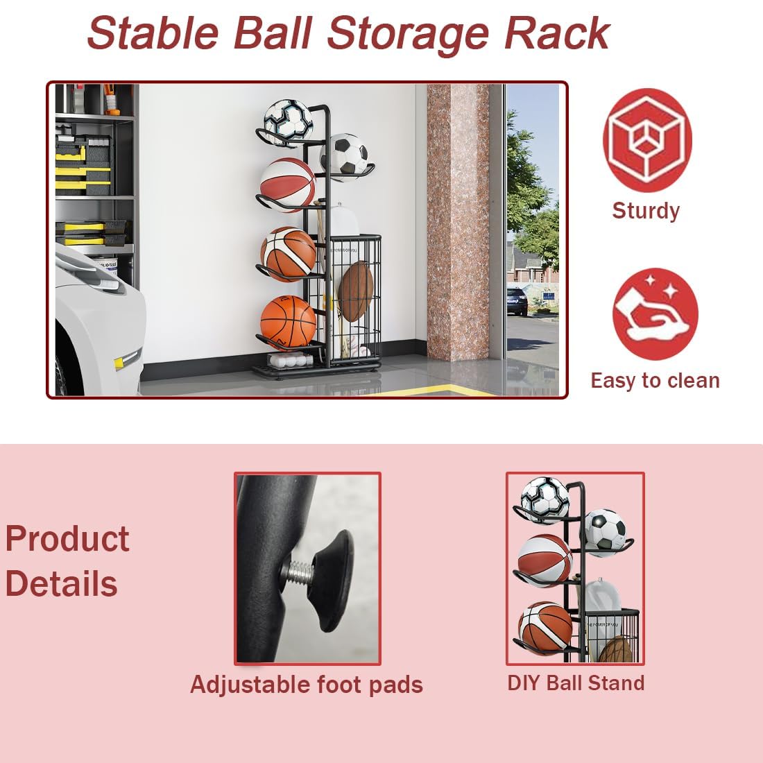 INGIORDAR Basketball Ball Storage Rack Freestanding Organizer Sport Equipment Garage Stand 6 Tier for Football Volleyball Soccer Indoor Outdoor, Black INGIORDAR