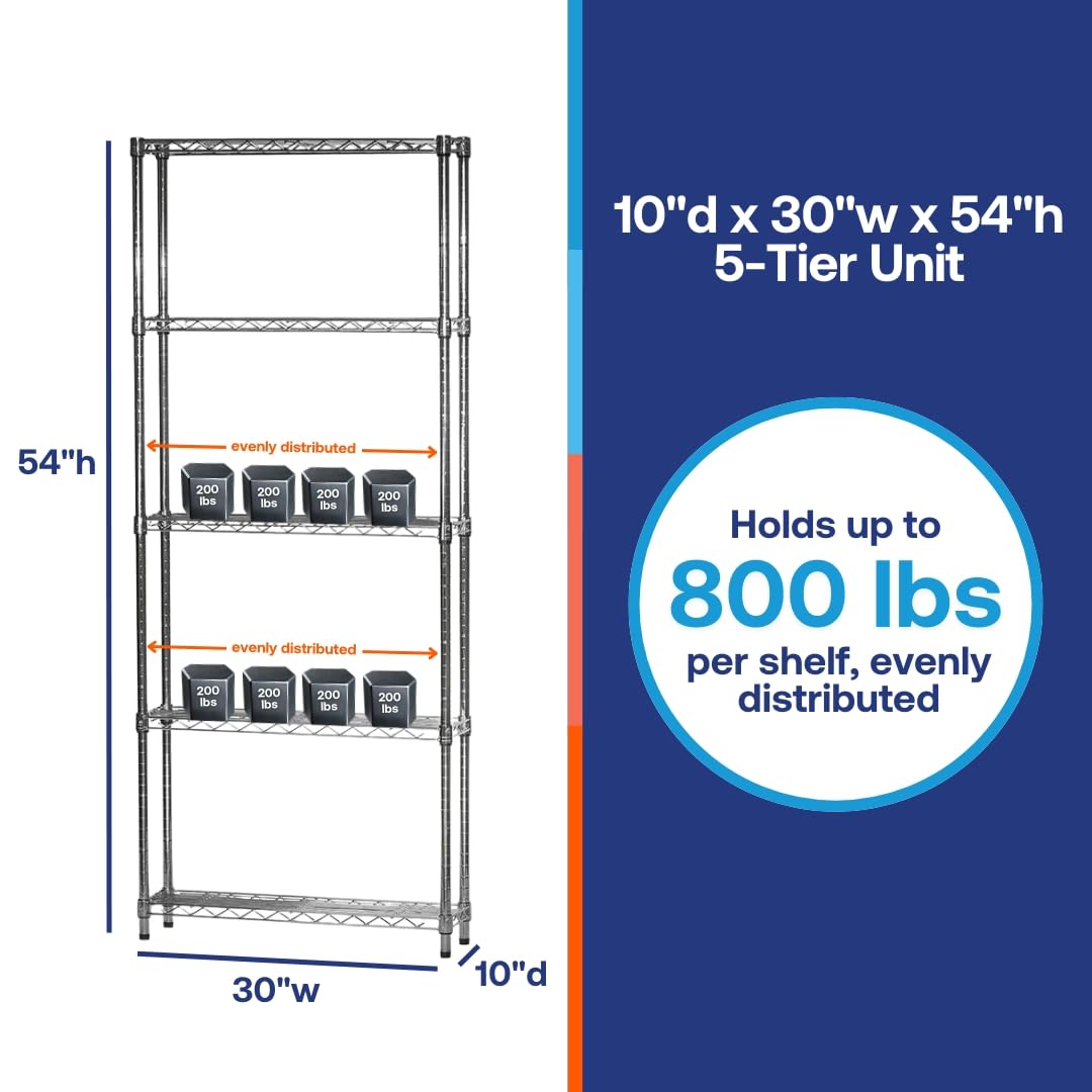 Shelving Inc. 10" d x 30" w x 54" h Chrome Wire Shelving with 5 Tier Shelves, Weight Capacity 800lbs Per Shelf SI