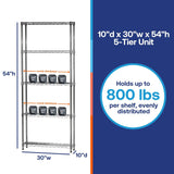 Shelving Inc. 10" d x 30" w x 54" h Chrome Wire Shelving with 5 Tier Shelves, Weight Capacity 800lbs Per Shelf SI