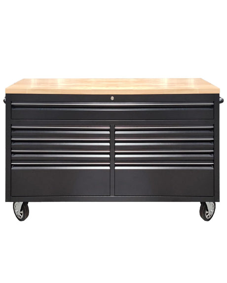 ExploreHorizon 61" Rolling Tool Chest with Rubber Wood Top - 9-Drawer Mobile Workbench, Lockable Metal Storage Cabinet with 4 Heavy-Duty Wheels for Garage Workshops, Black ExploreHorizon