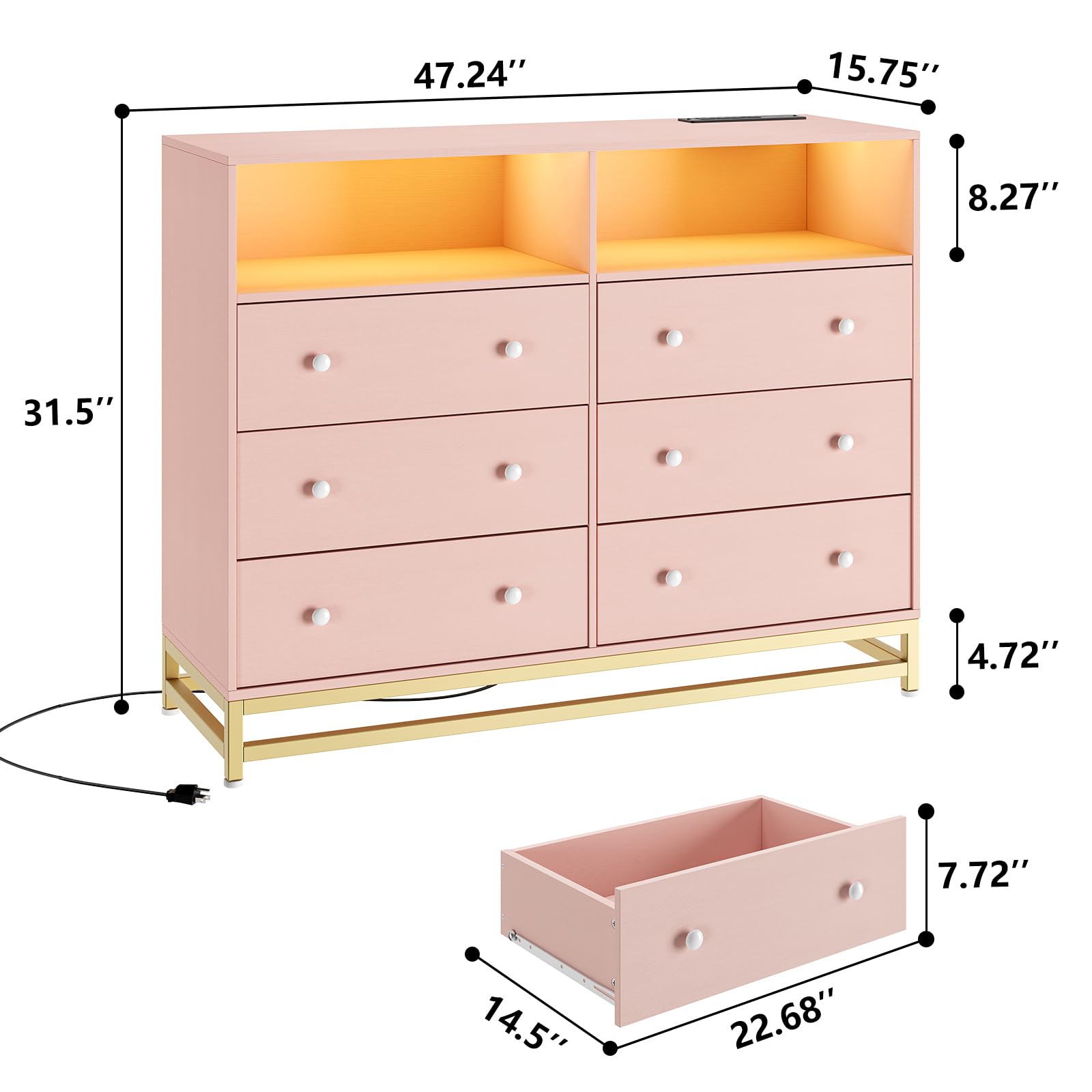 Jojoka Wide Dresser for Bedroom with Charging Station, 6 Drawer Dresser with LED Lights, Modern Large Capacity Storage Cabinet, Wood Dressers & Chests of Drawers Closet,Pink… - WoodArtSupply