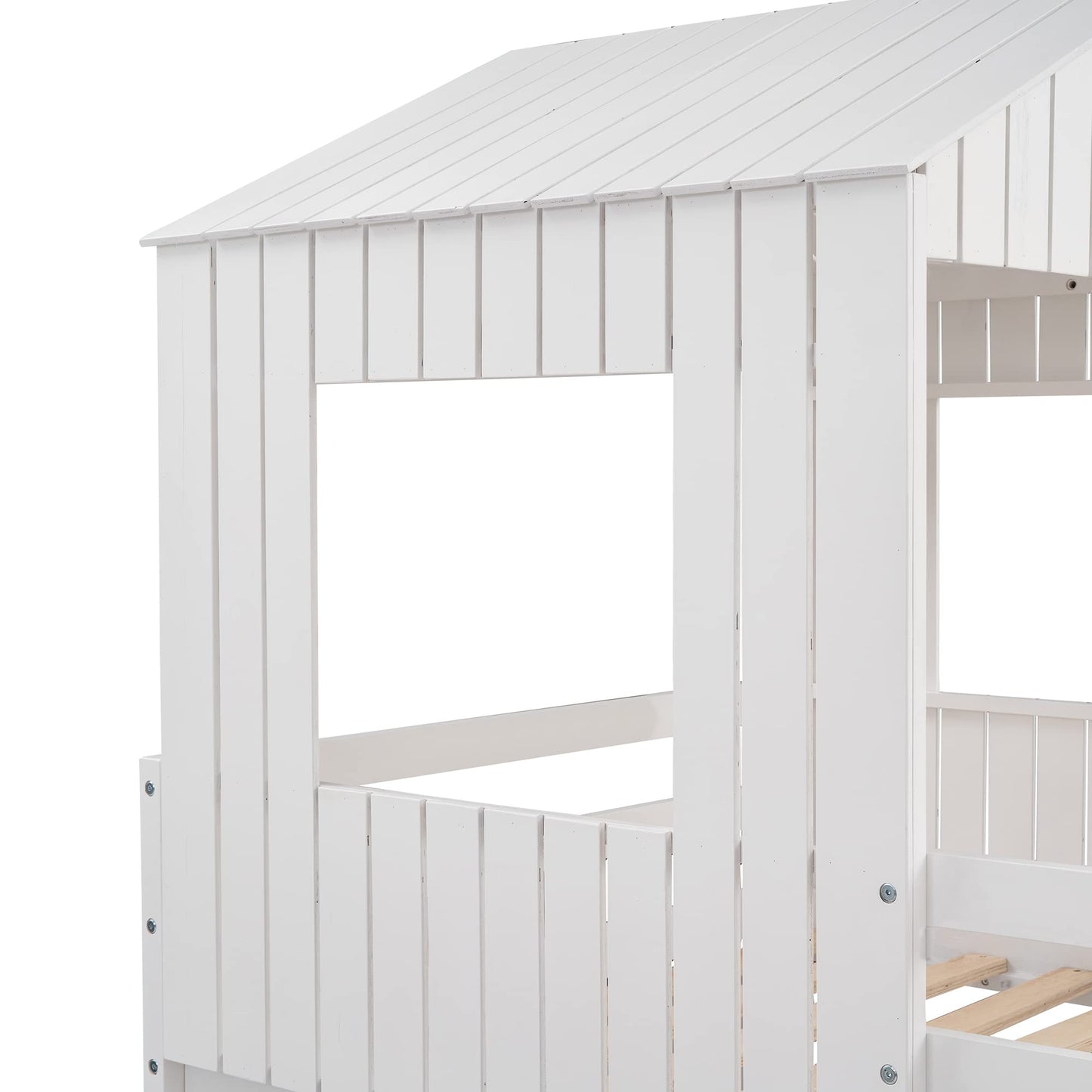 Harper & Bright Designs Twin Over Full Playhouse Bunk Bed with Slide and Roof in White - WoodArtSupply