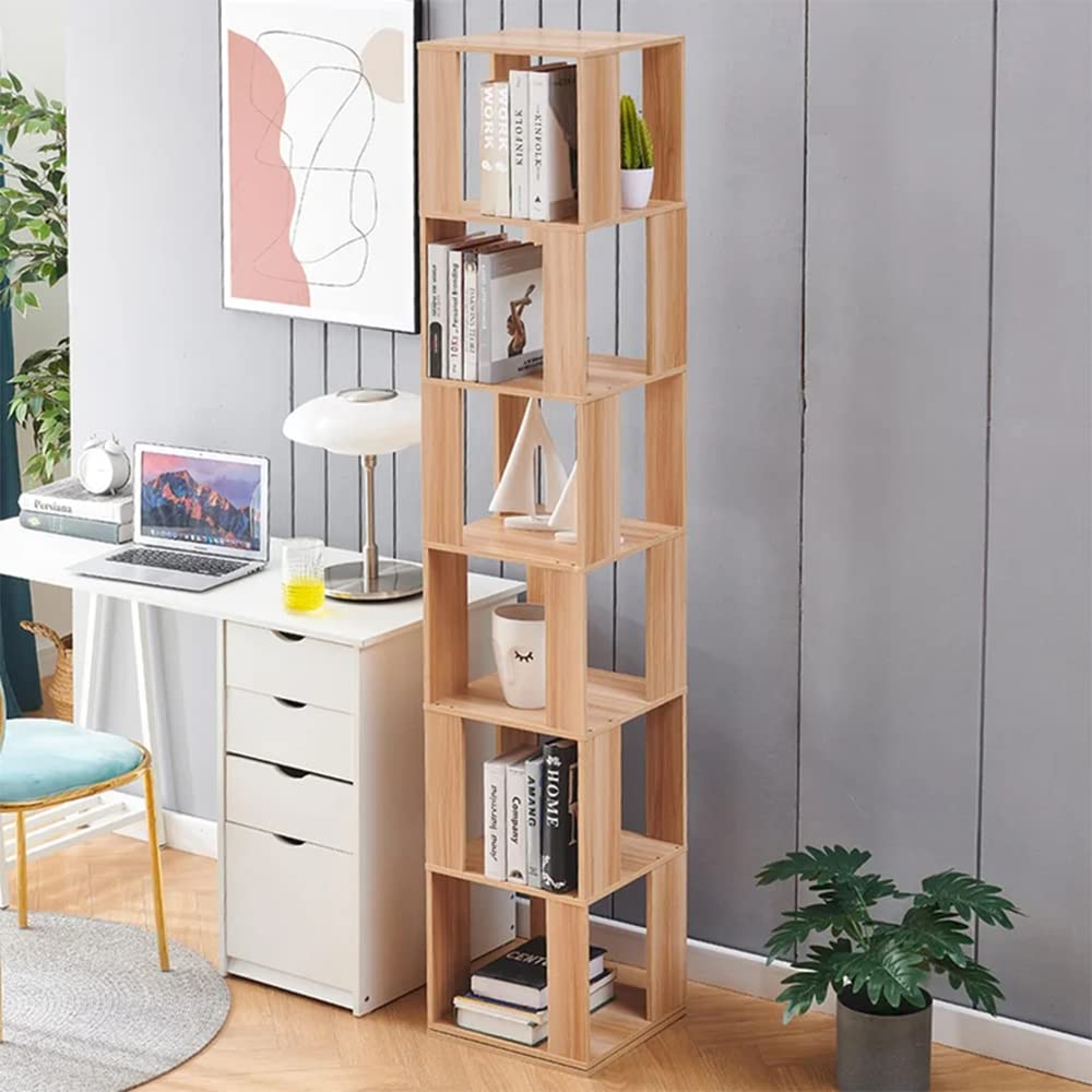 Rotating Bookshelf,6 Tier 360 Floor Standing Revolving Bookcase Storage Rack,Wood Narrow Bookshelf for Small Space,Corner Book Shelf Organizer for Bedroom, Living Room (Burlywood)