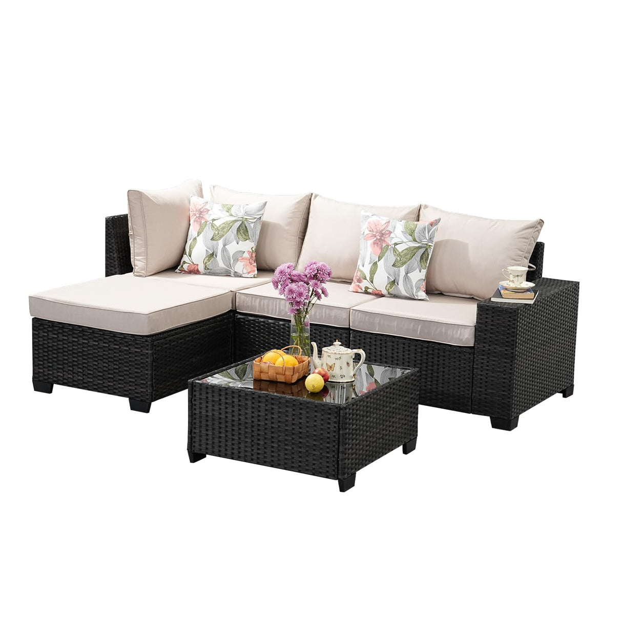 SunloungeCo 5 Pieces Outdoor Patio Furniture Set, Wicker Conversation Sets with Tea Table, Rattan Patio Sofa with Thick Cushions for Garden, Backyard, Poolside, Party, Beige SunloungeCo