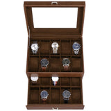 BEWISHOME 20 Slot Watch Box for Men Watch Case, Watch Display Case with Real Glass Lid, 2 Layers Watch Holder Organizer, Metal Hinge, Brown Leather SSH24Z BEWISHOME