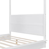 Queen Size Canopy Bed with LED Light, Solid Wood Canopy Platform Bed with Support Slats, Mattress Foundation Bed Platform, No Box Spring Needed, White RuiSiSi