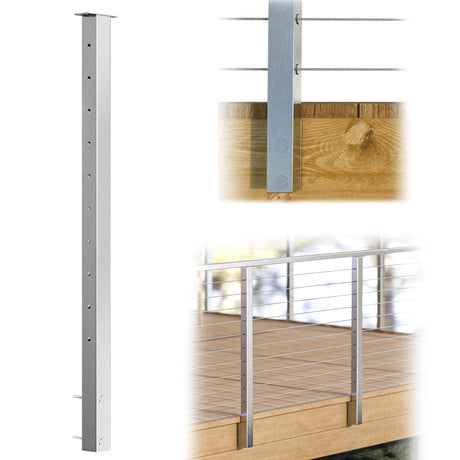 Muzata Side Mount Cable Railing Post 36 Inch 36"x2"x2" Level Drilled Space-Saving Brushed Stainless Steel Cable Railing System Kit Indoor Outdoor with User Guide PF02 LH4S Muzata