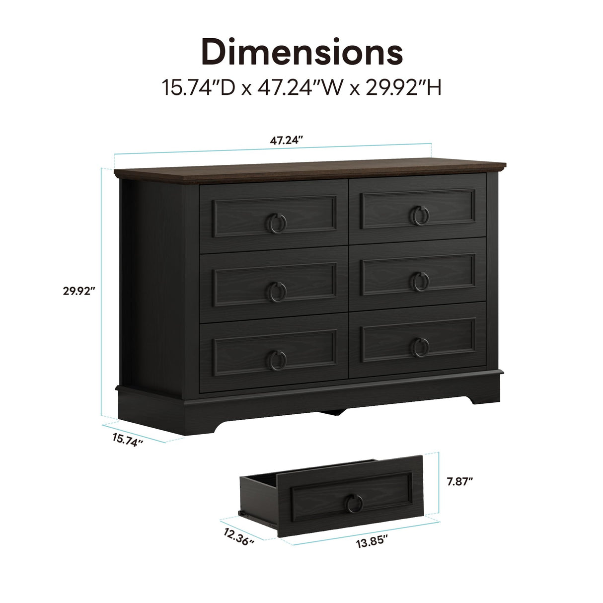 LIKIMIO Farmhouse 6 Drawers Dresser for Bedroom, 47.2" W Modern Dresser with Round Metal Handle, Thickened Desktop, Wood Rustic Chest of Drawers for Bedroom, Hallway, Entryway, Black LIKIMIO