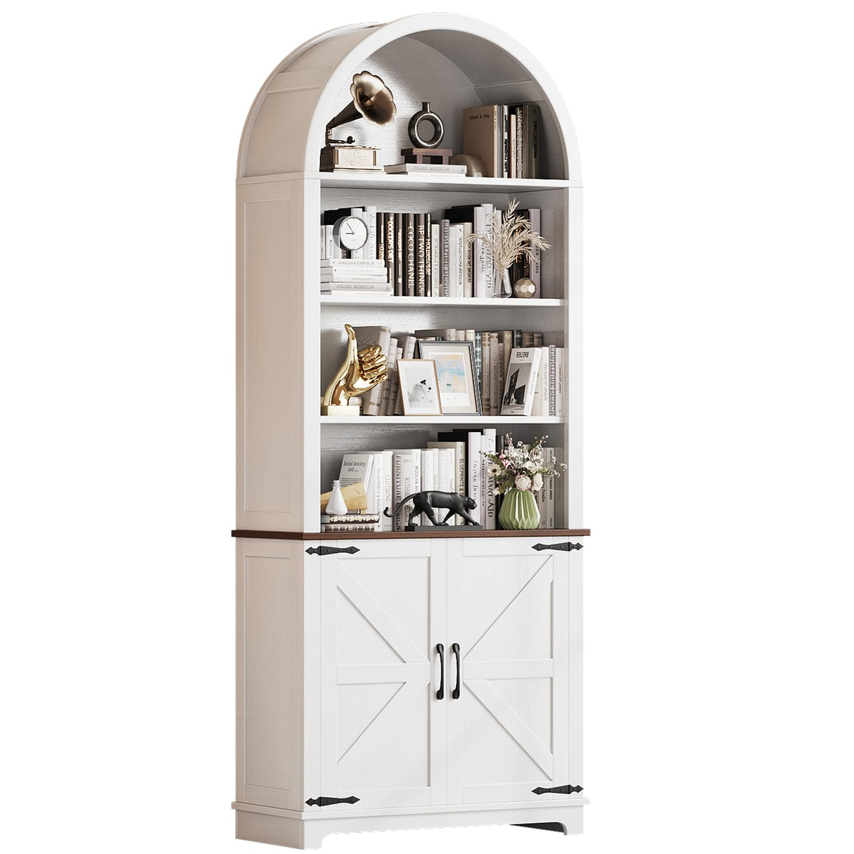 Vividwood 6-Tier Farmhouse Arched Bookshelf Bookcase with Doors, 70" Tall Storage Cabinet and Display Shelves, Open Shelves for Living Room or Office, White Vividwood