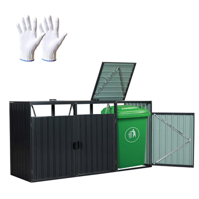 Outdoor Garbage Bin Storage Shed, Steel Trash Can Storage with Lockable Doors & Lids for 3 Trash Cans, Metal Garbage Can Hider for Outside Garden Yard Backyard Patio (3 Trash Can+Black)