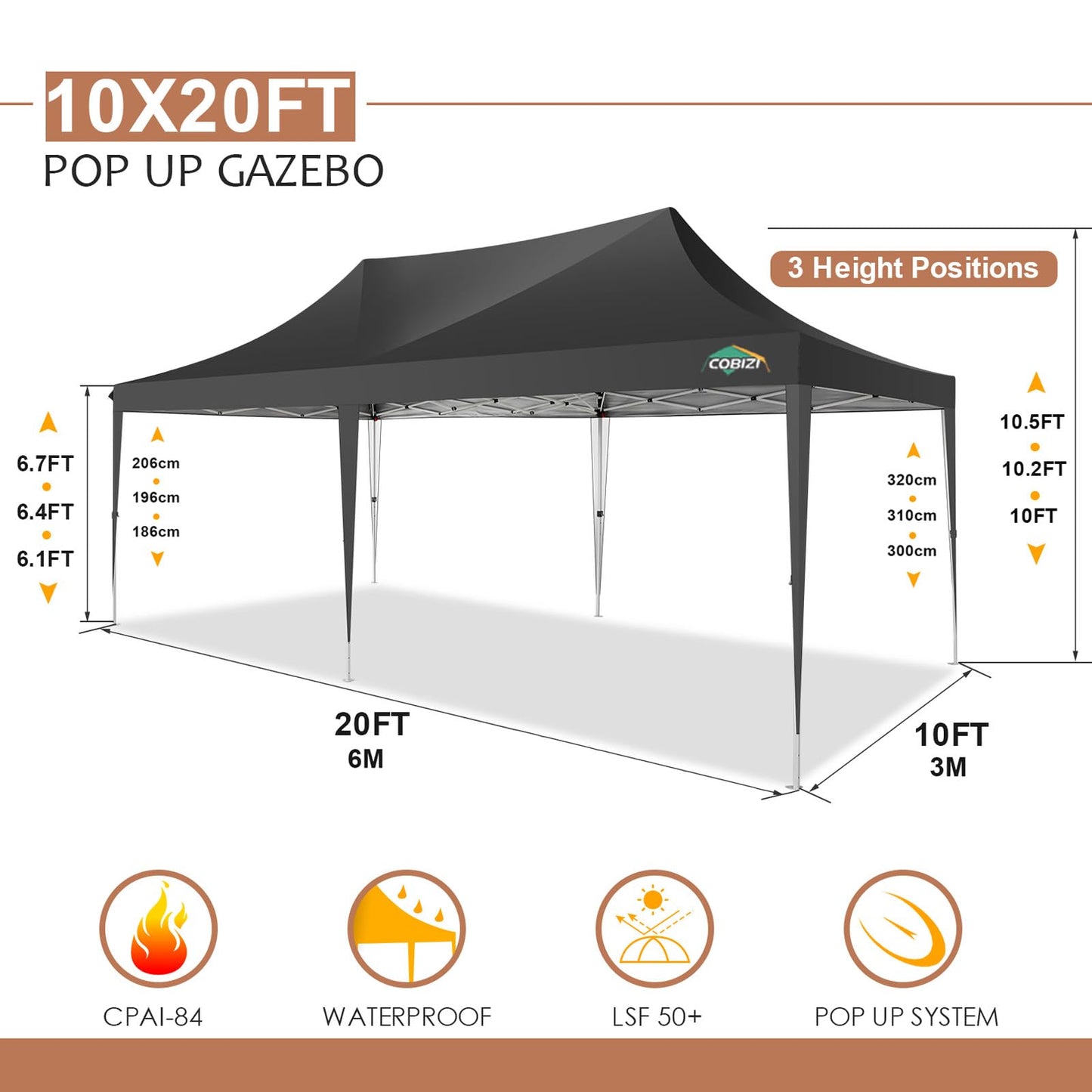 COBIZI Canopy 10x20 Pop Up Canopy 3.0, Commercial Tent with Sidewalls, Party Wedding Tents for Parties Pavilion UV50+&Waterproof Gazebos for Patio Outdoor Party Events, Black(Frame Upgraded)