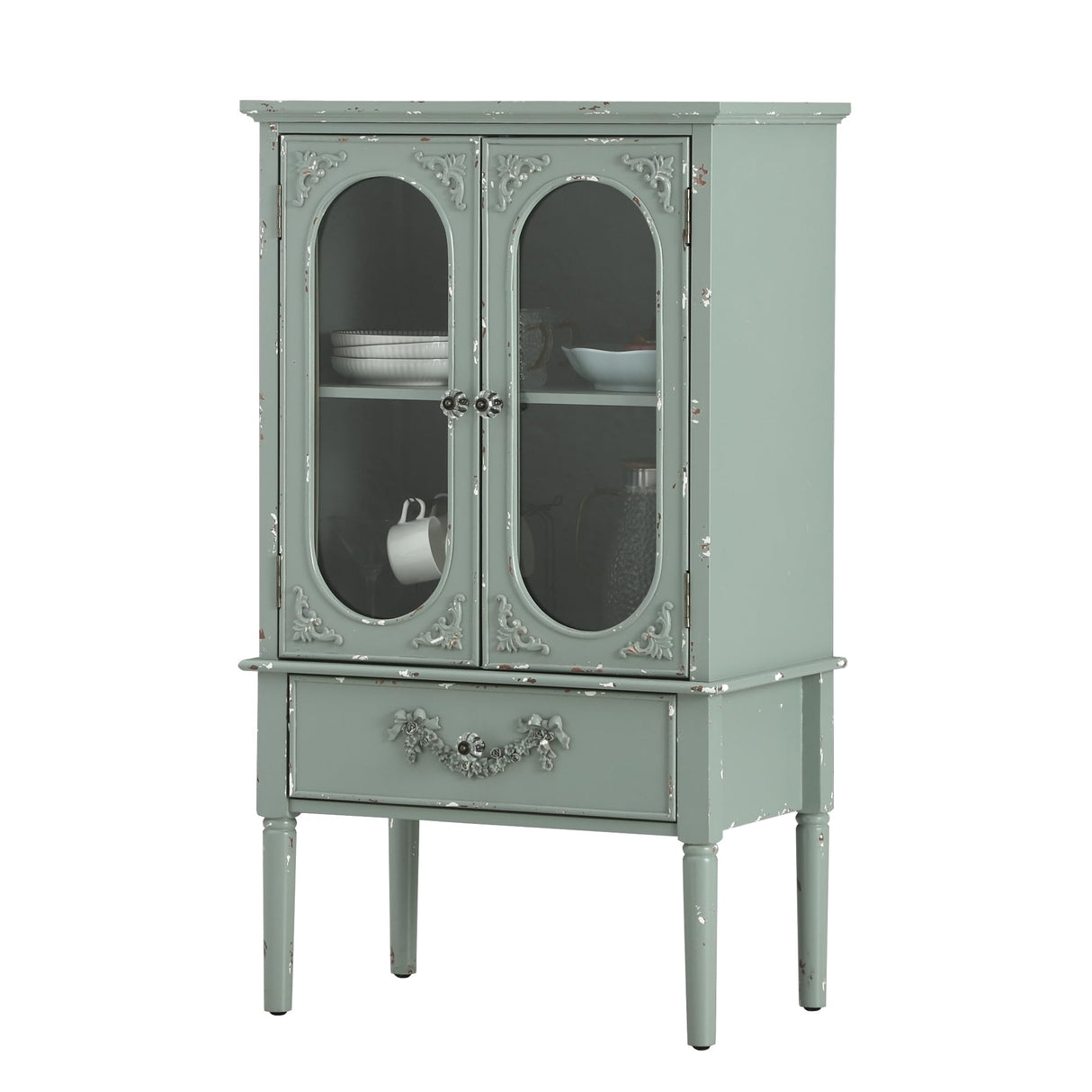 MAISON ARTS 42" Tall Accent Cabinet with 2 Glass Doors & 1 Drawer, Modern Farmhouse Kitchen Buffet Cabinets with Storage Living Room Entryway Cabinet Solid Wood Legs, Mint Green MAISON ARTS