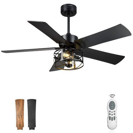 YOUKAIN Ceiling Fans With Lights, 48 Inch Farmhouse Ceiling Fans with Lights and Remote, 5-Reversible Blades with Matte Black/Wooden Finish, 48-YJ632-BKW YOUKAIN