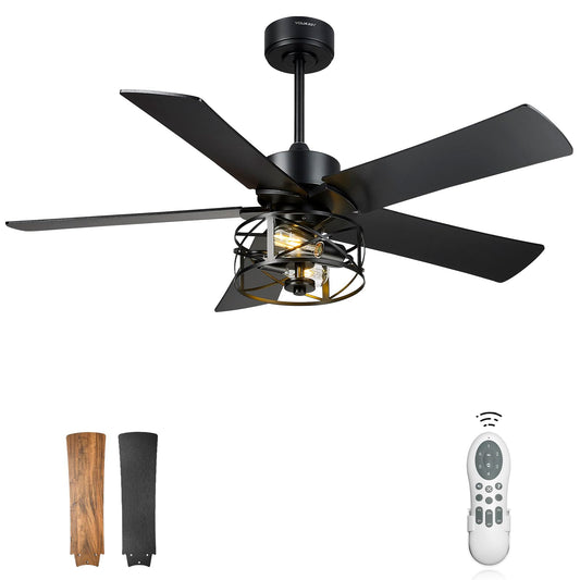 YOUKAIN Ceiling Fans With Lights, 48 Inch Farmhouse Ceiling Fans with Lights and Remote, 5-Reversible Blades with Matte Black/Wooden Finish, 48-YJ632-BKW