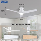 CJOY Ceiling Fan with Lights, 48 Inch Low Profile Ceiling Fans with Light and Remote, Reversible DC, Flush Mount, 3CCT，Dimmable, Modern Indoor/Outdoor Design for Bedroom, Living Room, Patio, Kitchen CJOY