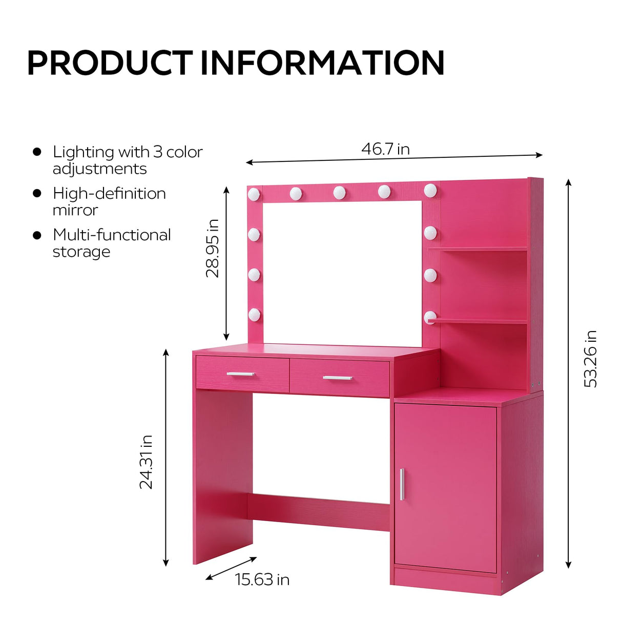 MIRROTOWEL 46.7IN Vanity Desk with Mirror and Lights, Dressing Table with 2 Large Drawer&Large Vertical Organizer, 3 Level Dresser & 3 Lighting Modes Adjustable Brightness, Suitable for Bedroom(Rose) MIRROTOWEL