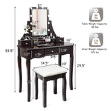 LDAILY Vanity Table Set with 10 LED Lights, Dressing Makeup Vanity with 360° Rotating Lighted Square Mirror, Cushioned Stool & 5 Drawers, Modern Bedroom Vanity Desk for Girls Women (Brown) LDAILY
