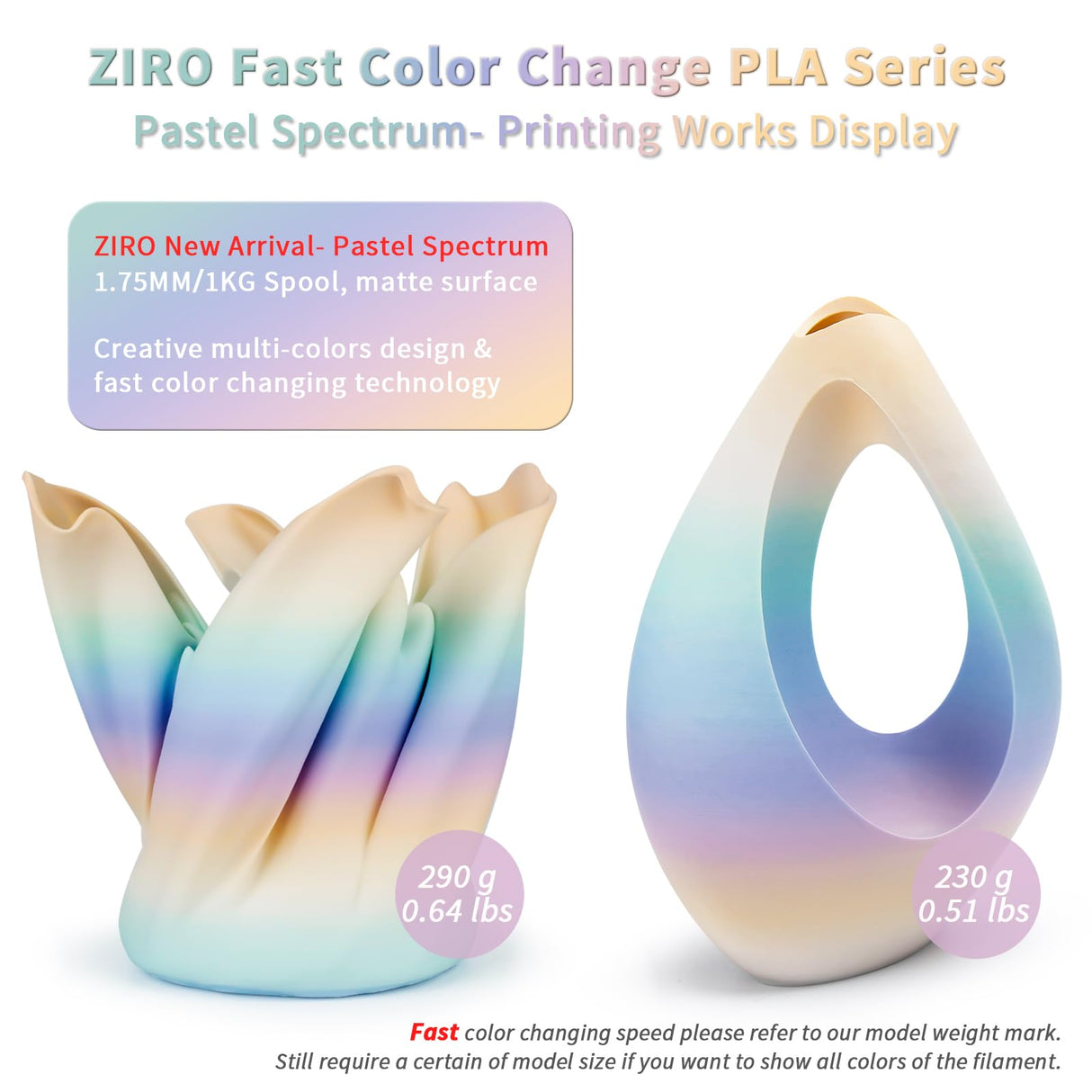 ZIRO PLA Filament 1.75mm, Matte Multicolor 3D Printer Filament, Color Gradient Change PLA, Fast Color Change by Length, Fit Most FDM Printers, Dimensional Accuracy +/-0.03mm,1KG Pastel Spectrum ZIRO