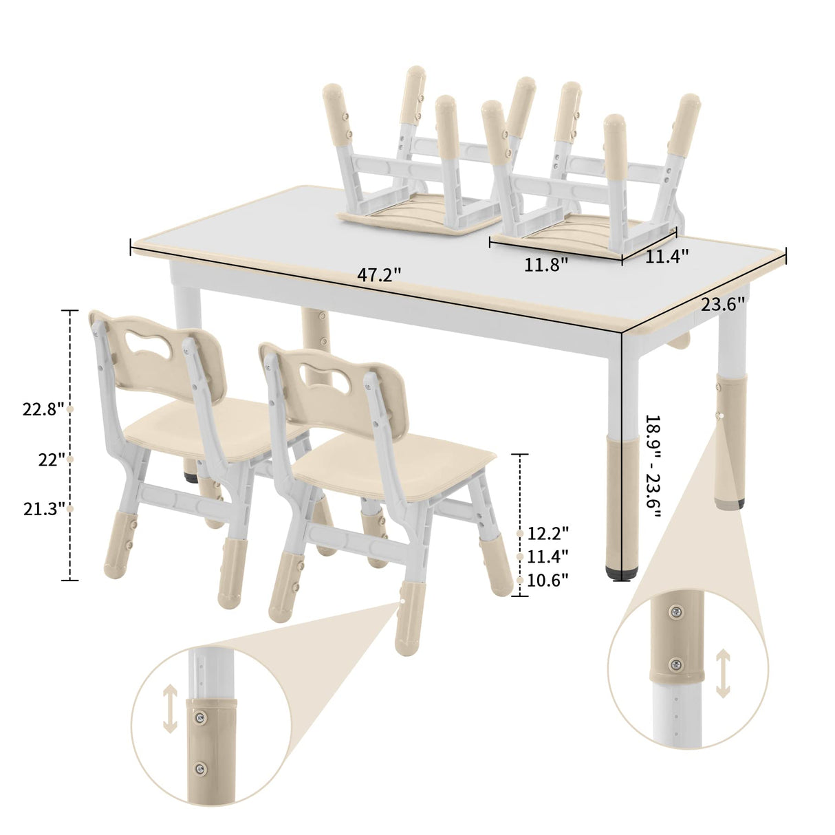 DOREROOM Toddler Table and Chairs Set for 4, 47.2''L x 23.6''W Kids Study Table and Chair Set, Height-Adjustable, Graffiti Desktop, Children Activity Table for Daycare, Classroom, Home DOREROOM