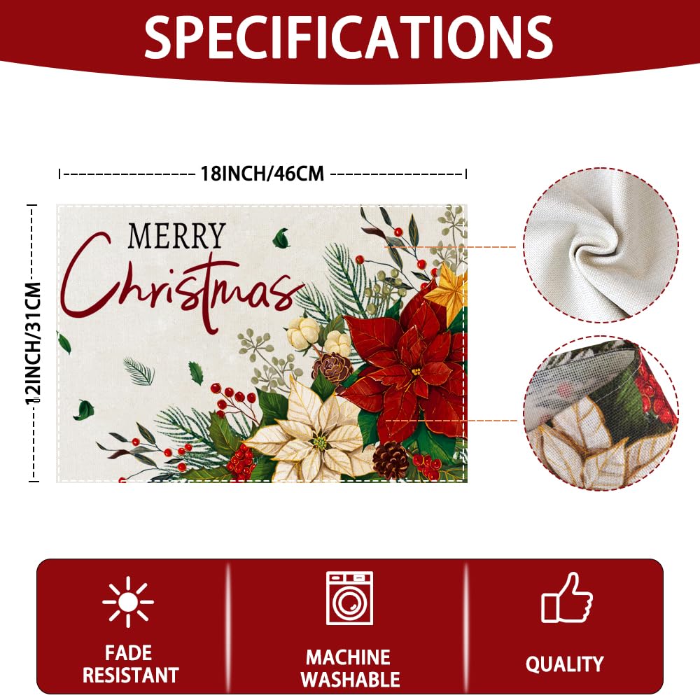 Heirloom Haven 4PCS Merry Christmas Placemats 12x18 inch Red Floral Holly Seasonal Winter Place Mats Rustic Plastic Christmas Table Mats for Kitchen Dining Indoor Home Party Decoration Heirloom Haven