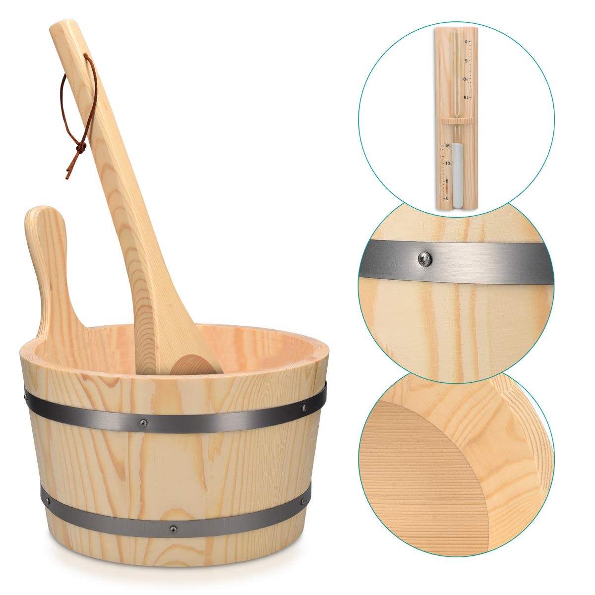Navaris Wooden Sauna Bucket with Ladle - Essential Spa Accessory for Steam Room with 1.3 Gallon Pine Wood Bucket, Plastic Liner, Ladle, Sand Timer Navaris