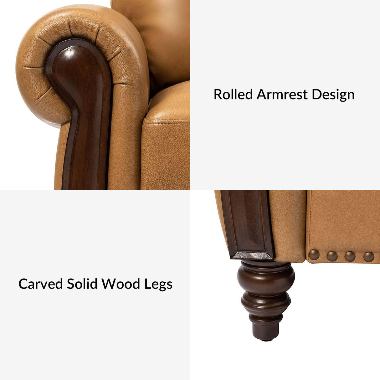 HULALA HOME Genuine Leather Sofa 3-Seater Couch Traditional Living Room Sofa with Carved Solid Wood Legs, Camel HULALA HOME