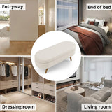 43.5 Inches Storage Ottoman Bench, Linen Upholstered Entryway Bench with Solid Wood Legs & Safety Hinge Flip Top, Oval Foot Rest Sofa Stool for Bedroom End of Bed Living Room, 250 lbs Load, Beige Zaboro