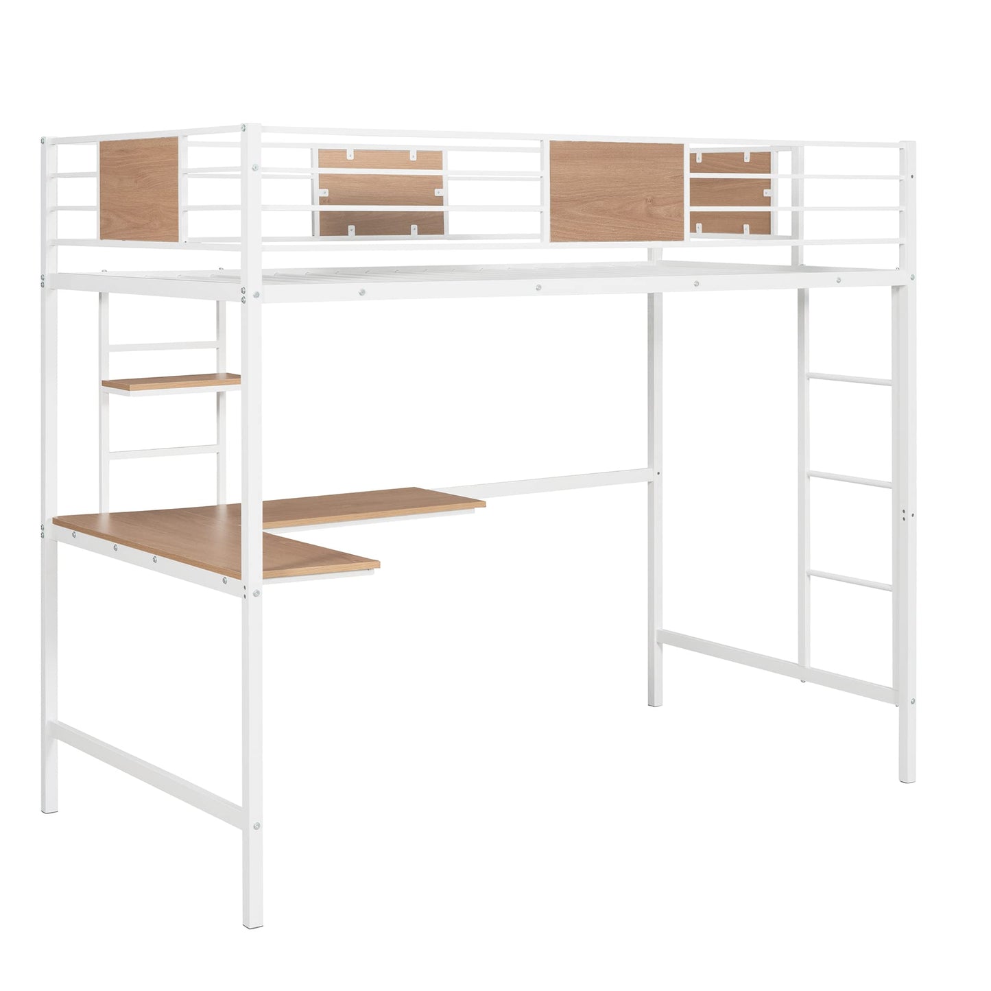 Twin Loft Bed with Desk and Storage Shelf, Metal Loft Bed Twin Size, Kids Loft Bed with Build in Ladder and Guardrails, Twin Loft Bed White